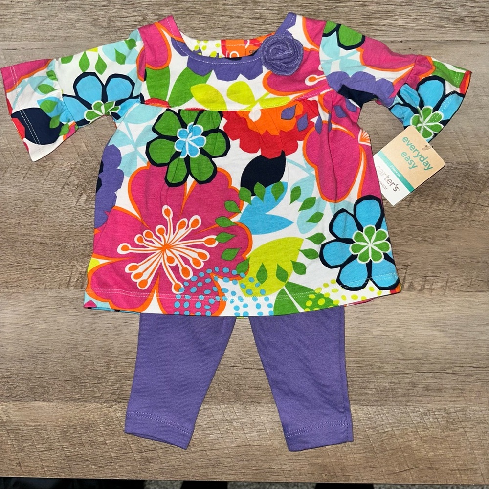NWT Carter’s 3 Mos Colorful Floral Baby Outfit with Purple Leggings 100% cotton